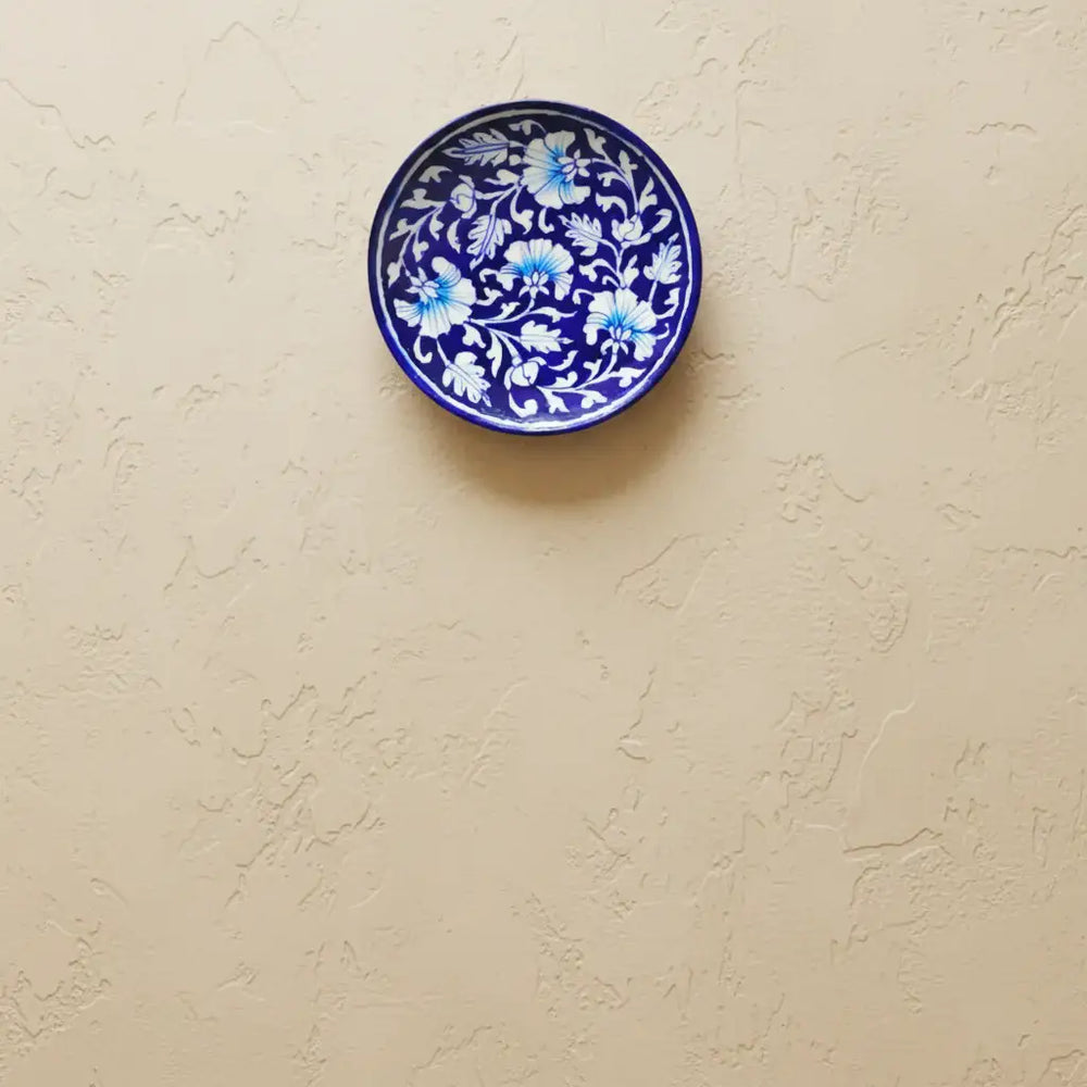 Classic Deep Blue Pottery Floral Wall Plate | Quartz Ceramic Decor Pottery