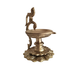 Handcrafted Brass Peacock Pedestal Diya – Traditional Tabletop Oil Lamp with Lotus Base Brass Artwork