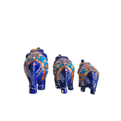 Set of 3 Hand-Painted Wooden Elephant Family Figurines - Royal Blue
