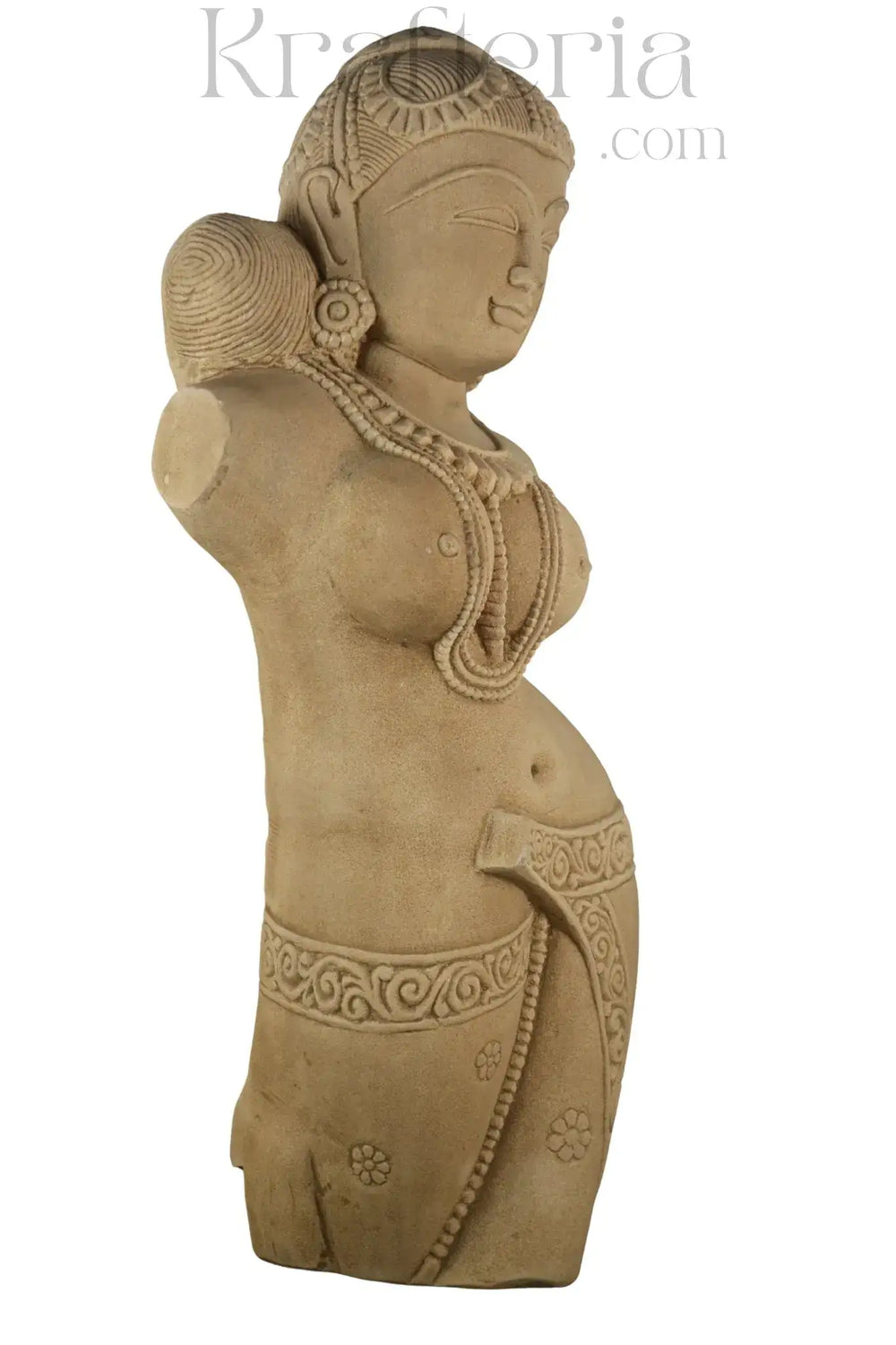 Sand stone statue of a woman with intricate designs on a white background