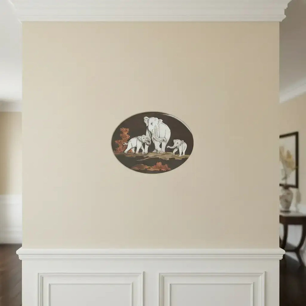 Elephant Family in the Forest – Oval Rosewood Inlay Art Frame Inlay Art