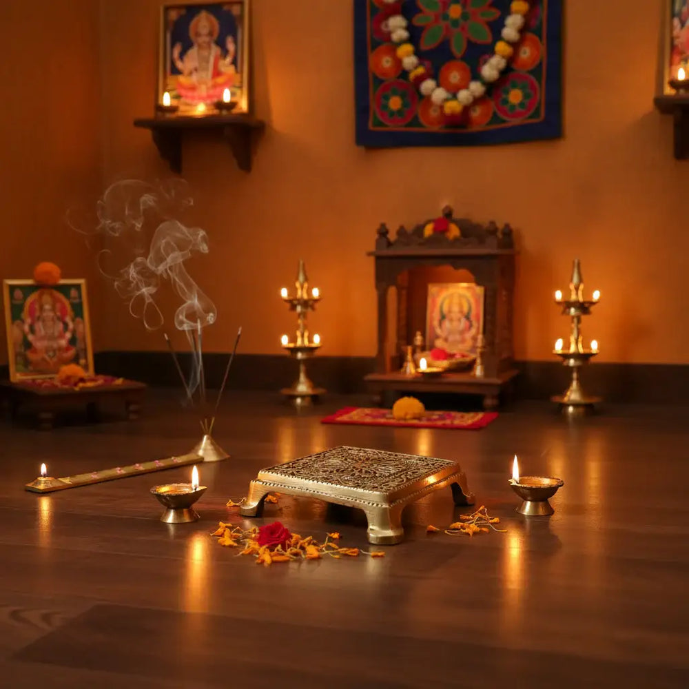 Square Brass Puja Pedestal with Filigree Design Brass Ware