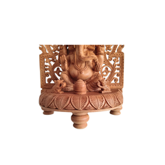 Intricate Wooden Ganesha Idol with Floral Prabhavali and Lotus Base