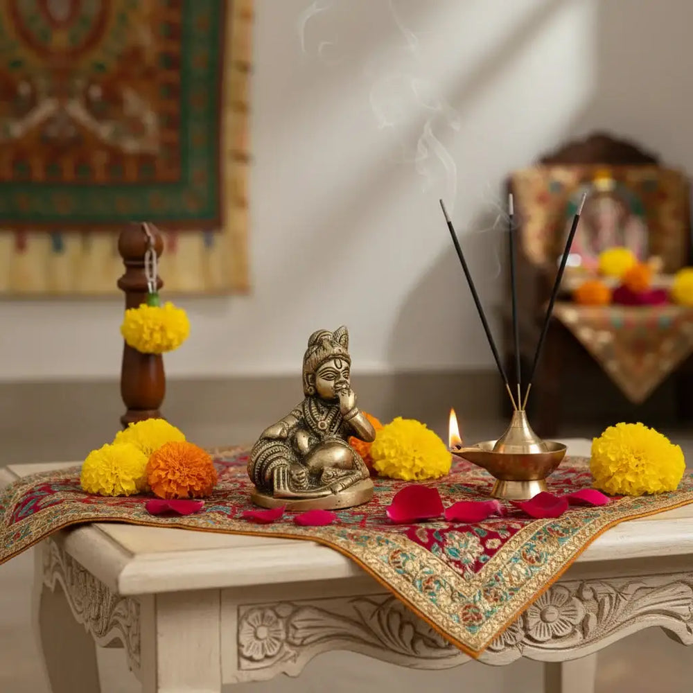 Brass Idol of Bal Krishna (Baby Krishna) with Butter Ball Brass Ware