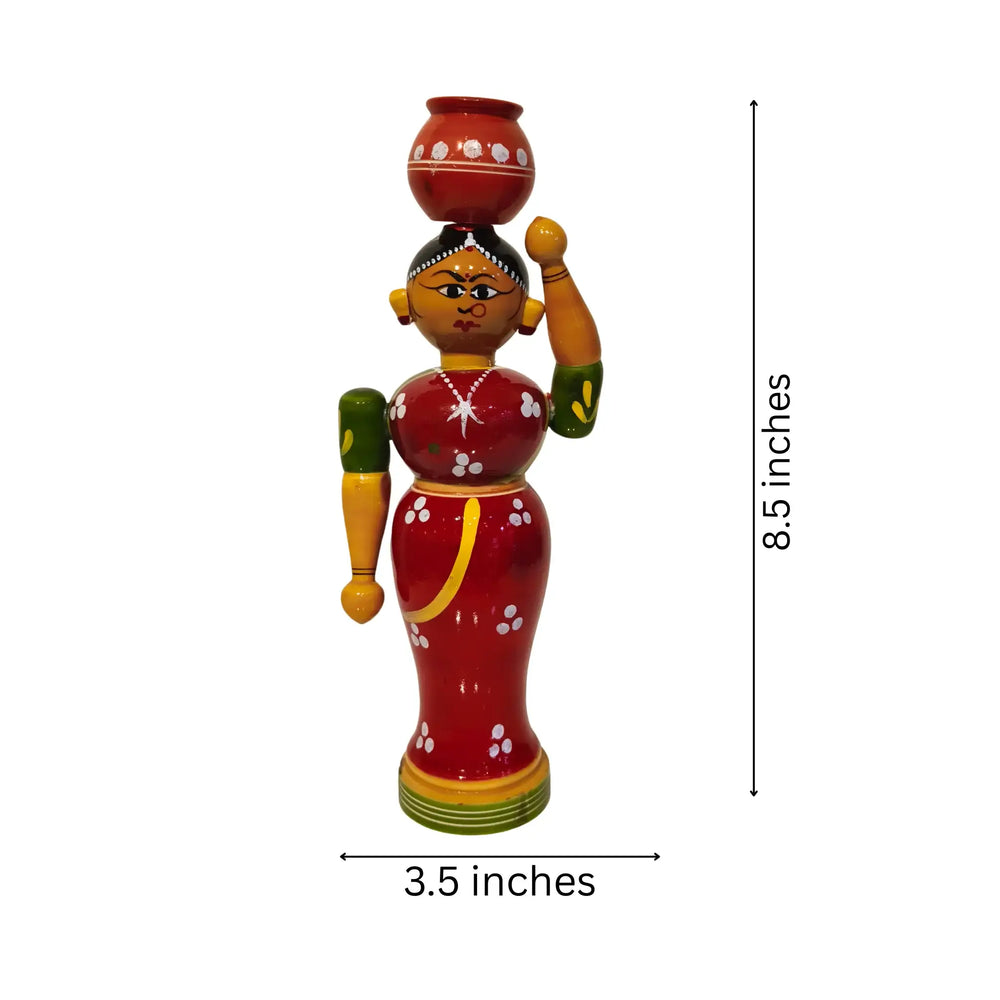 Vibrant Red Etikoppaka Doll with Pot - Non-Toxic Traditional Toy Art Etikoppaka Lacquerware