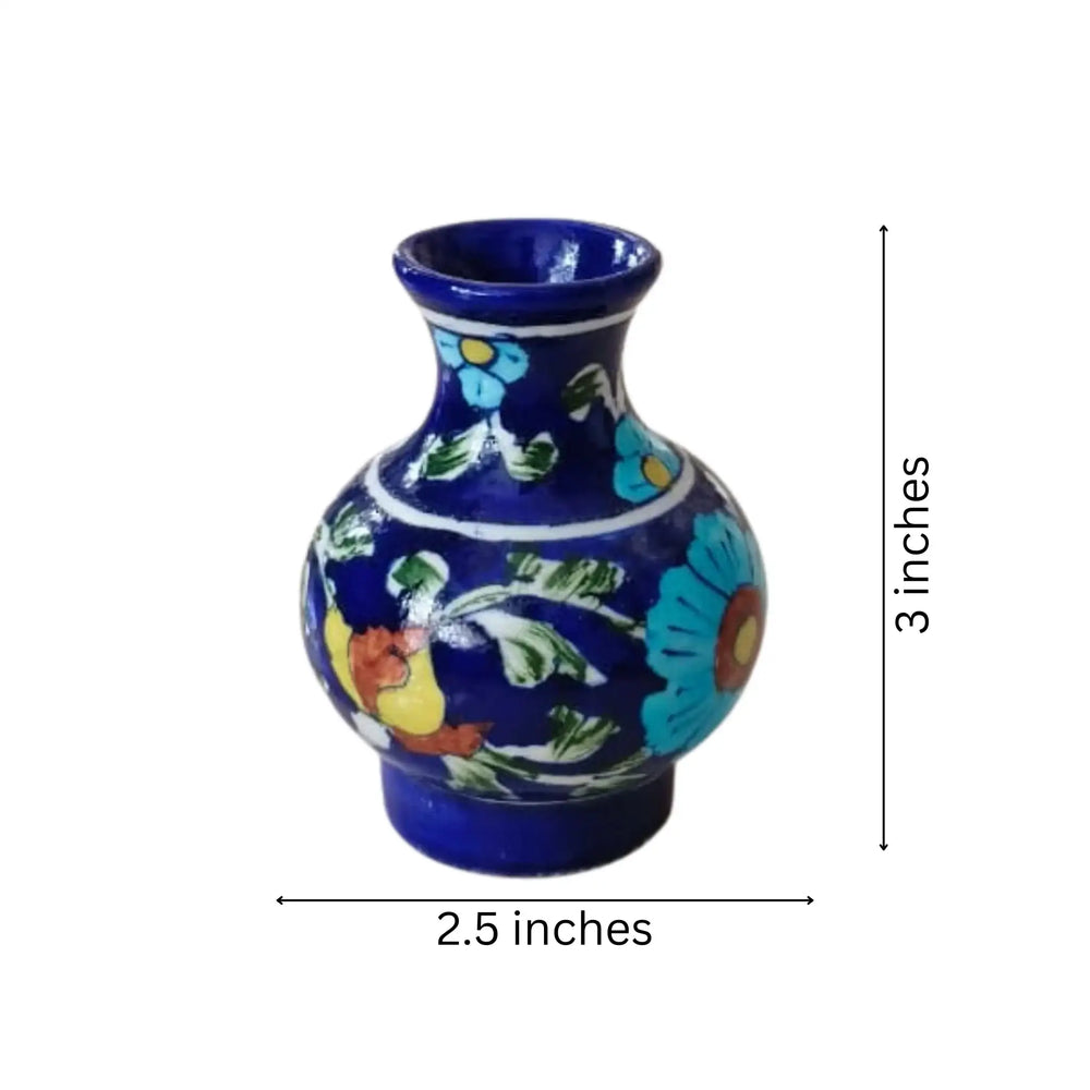 Artisan Blue Pottery Miniature Vase | Hand-Painted Floral Decor Pottery