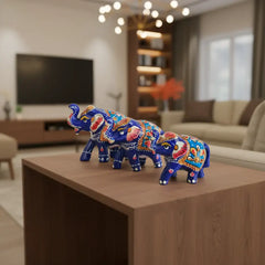 Set of 3 Hand-Painted Wooden Elephant Family Figurines - Royal Blue