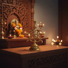 Ornate Brass Multi-Wick Diya Lamp with Peacock Motif - Traditional Pooja Item Brass Ware