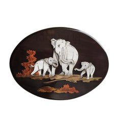 Elephant Family in the Forest – Oval Rosewood Inlay Art Frame Inlay Art