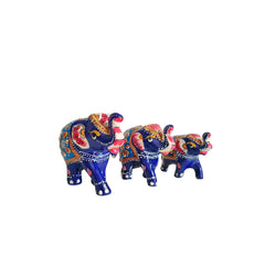Set of 3 Hand-Painted Wooden Elephant Family Figurines - Royal Blue