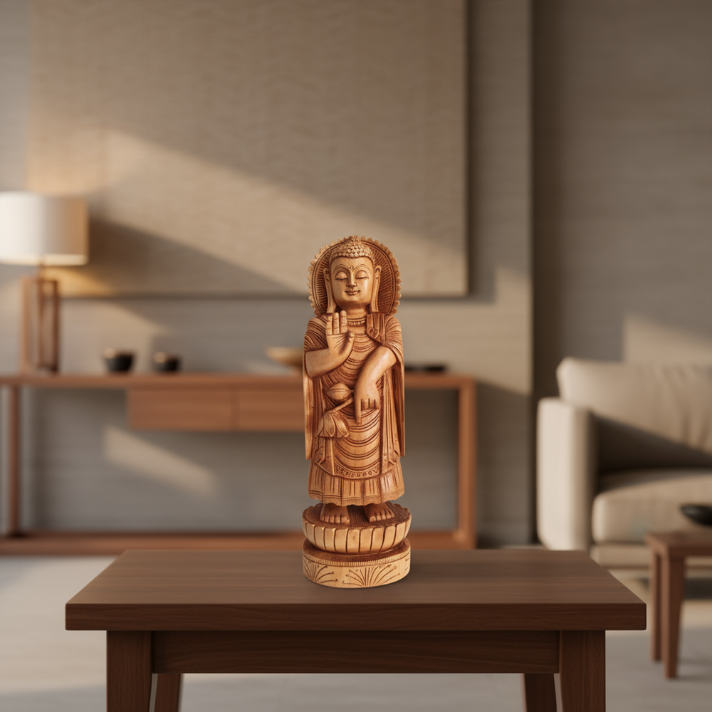 Hand-carved wooden standing Buddha statue with a serene expression, holding his right hand in the Abhaya Mudra (gesture of fearlessness), on a lotus base.