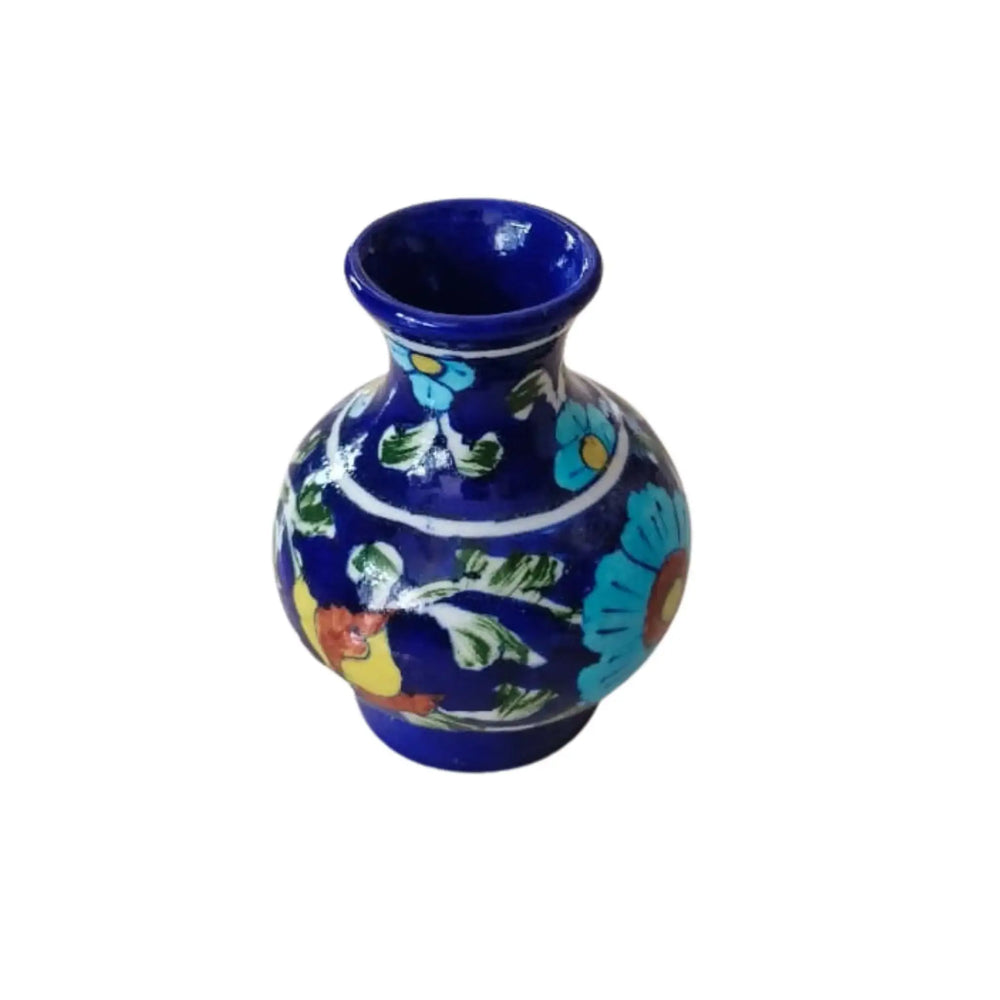 Artisan Blue Pottery Miniature Vase | Hand-Painted Floral Decor Pottery