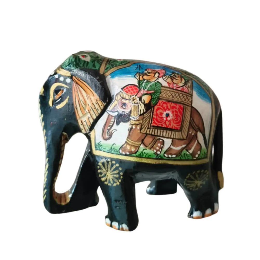 Black Painted Wooden Mughal Elephants – Elegant Decorative Figurines maruthi handicrafts