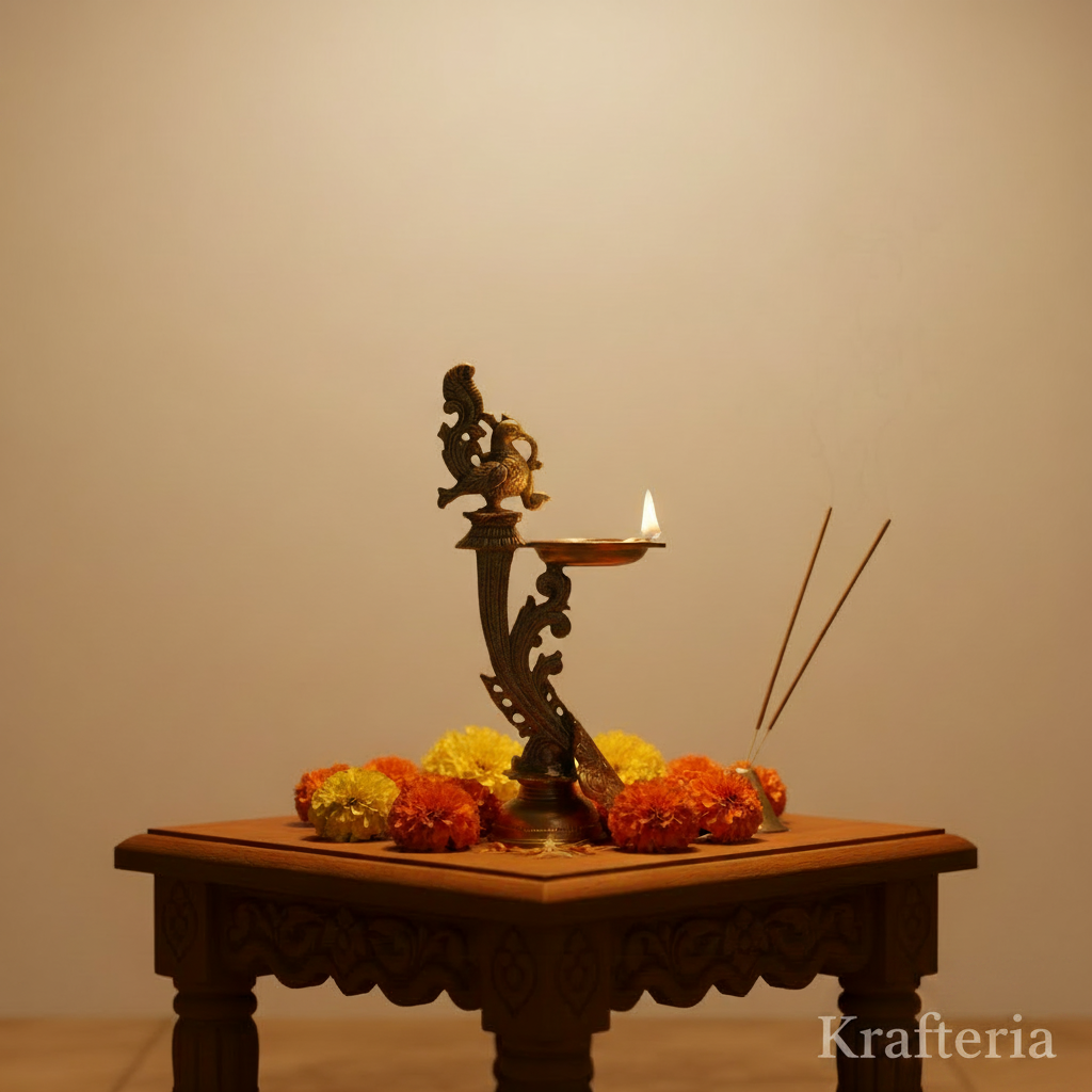 Traditional Hanging Peacock Oil Lamp for Home Temple & Festive Decor Brass Artwork