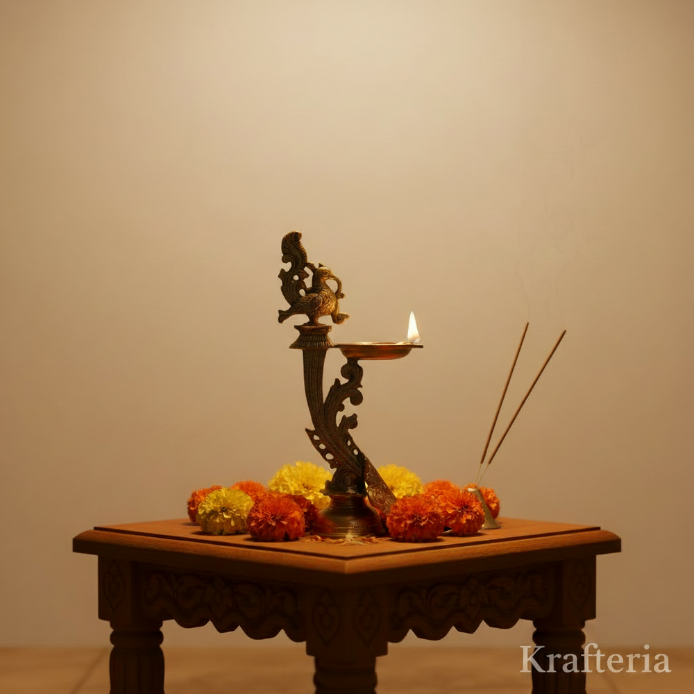 Traditional Hanging Peacock Oil Lamp for Home Temple & Festive Decor Brass Artwork