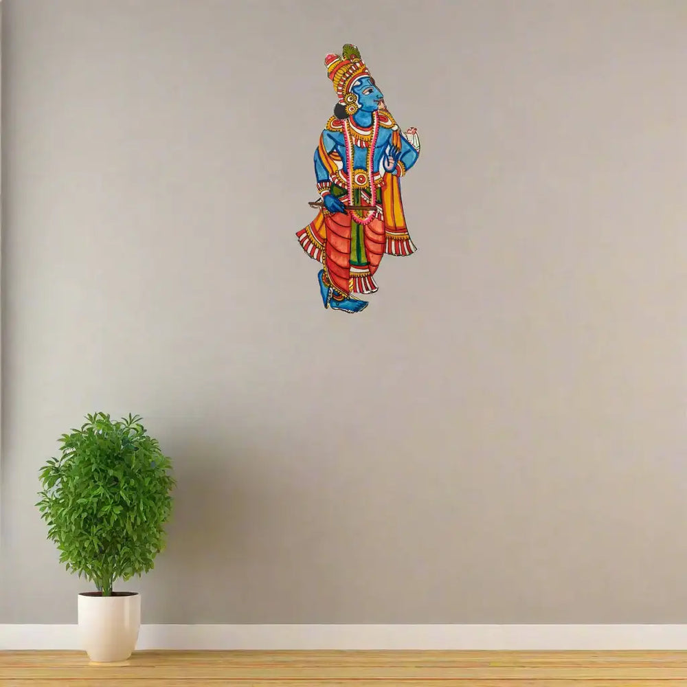 Lord Krishna with Flute - Traditional Tholu Bommalata Leather Wall Art Paintings
