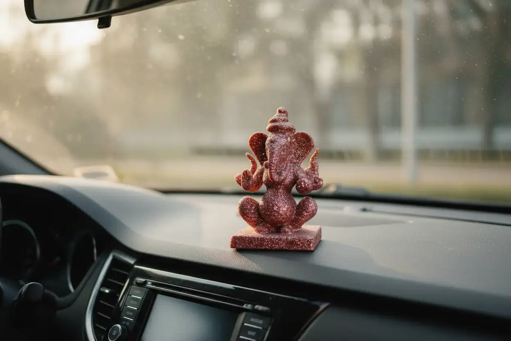 Handcrafted red marble two-sided Ganesha idol with detailed carving.