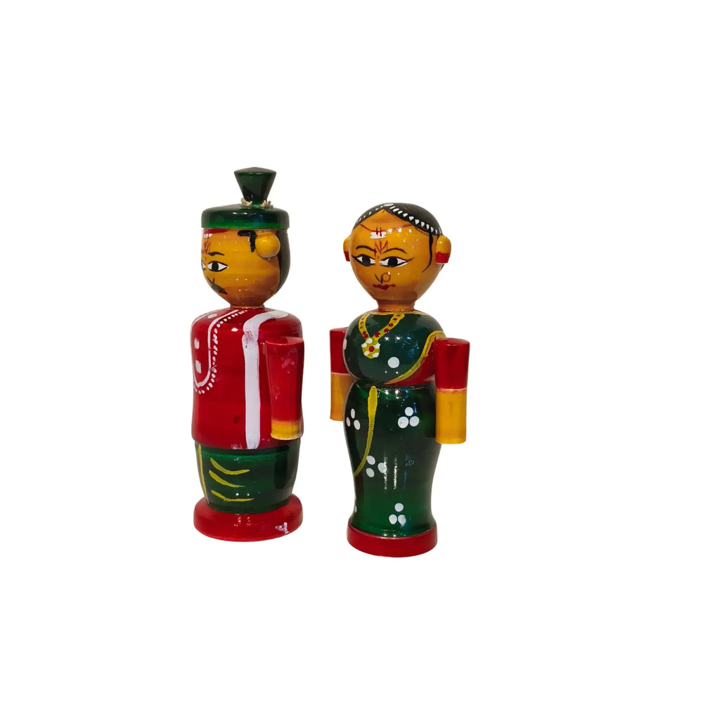 Etikoppaka Wooden Marriage Couple Figurines - Traditional South Indian Attire Etikoppaka Lacquerware
