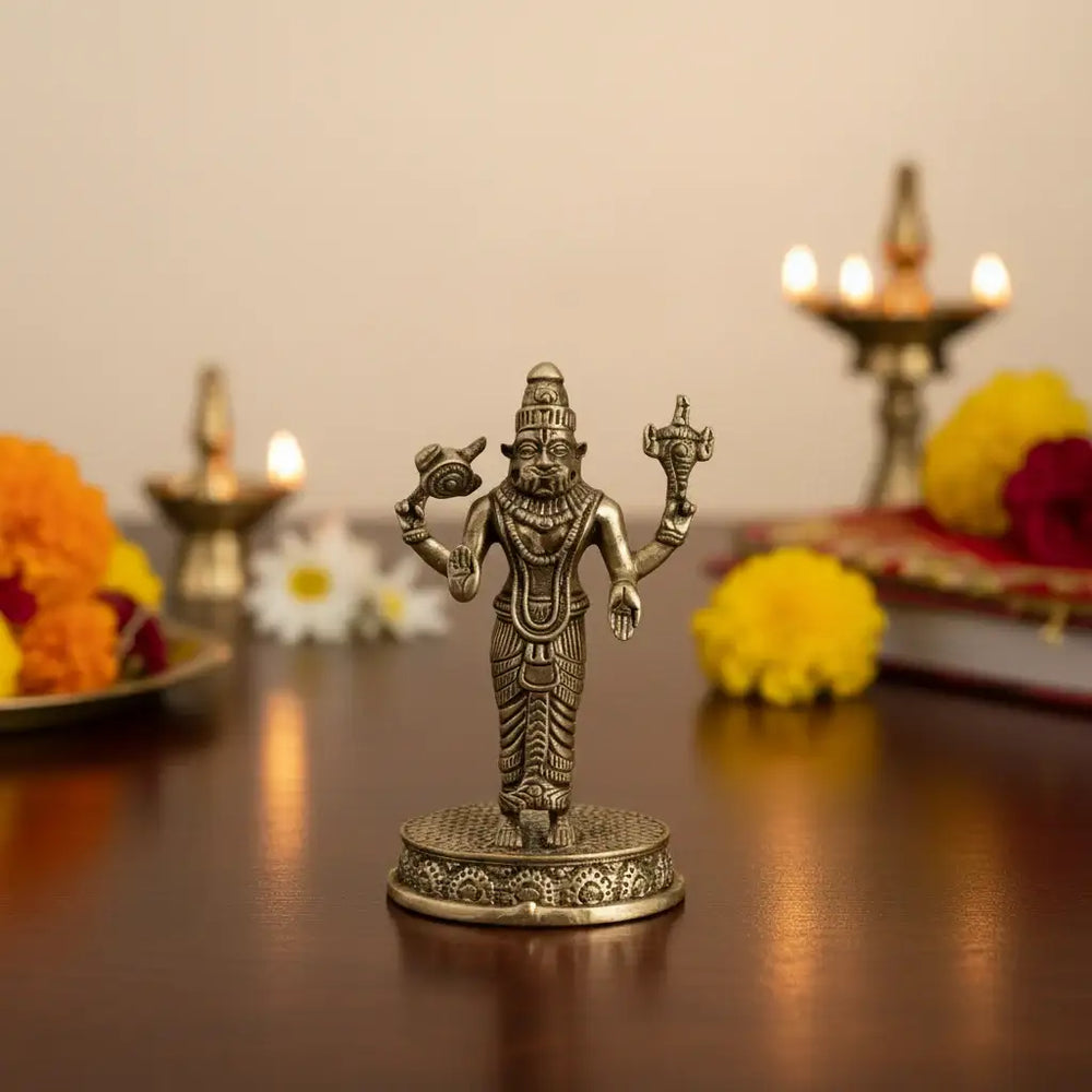 Exquisite Four-Armed Brass Idol of Ugra Narasimha (Man-Lion Avatar of Lord Vishnu) Brass Ware
