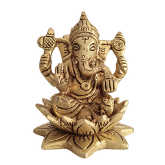 Golden Brass Lord Ganesha Idol Seated on a Lotus