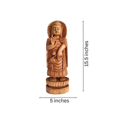 Standing Hand-Carved Wooden Buddha Statue in Abhaya Mudra