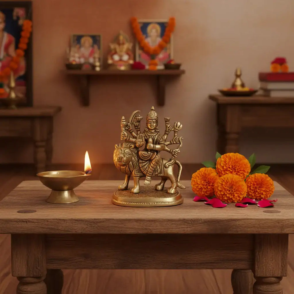 Brass Goddess Durga Riding Lion Idol: The Divine Protector and Destroyer of Evil Brass Ware