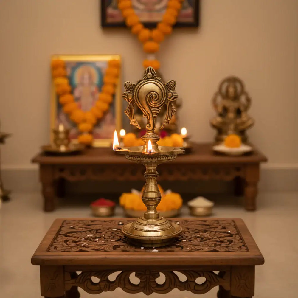Brass Shankha (Conch) Diya - Traditional Puja Oil Lamp Brass Ware