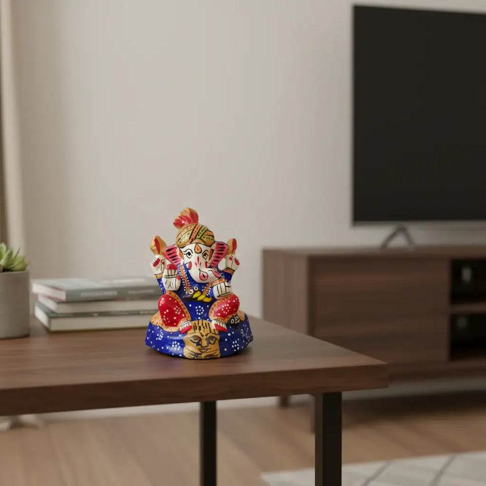 Intricately Painted Royal Blue and Red Lord Ganesha Idol with Turban Metal Decorative