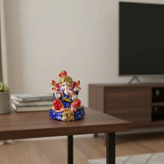 Intricately Painted Royal Blue and Red Lord Ganesha Idol with Turban Metal Decorative
