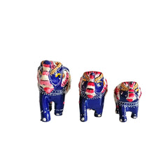 Set of 3 Hand-Painted Wooden Elephant Family Figurines - Royal Blue Wood Decorative