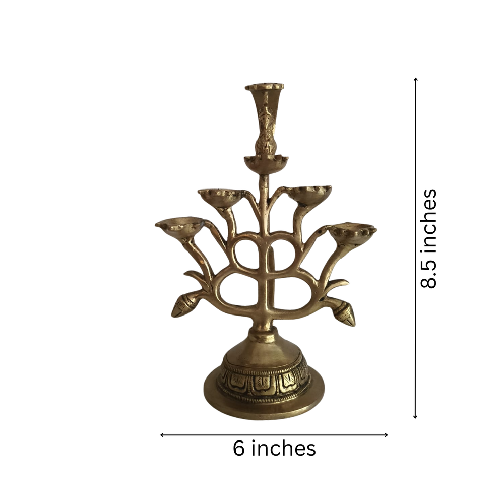 Ornate Brass Multi-Wick Diya Lamp with Peacock Motif - Traditional Pooja Item Brass Ware