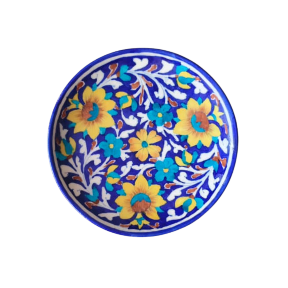 Vibrant Blue Pottery Floral Wall Plate | Yellow & Blue Quartz Ceramic Wall Art Pottery