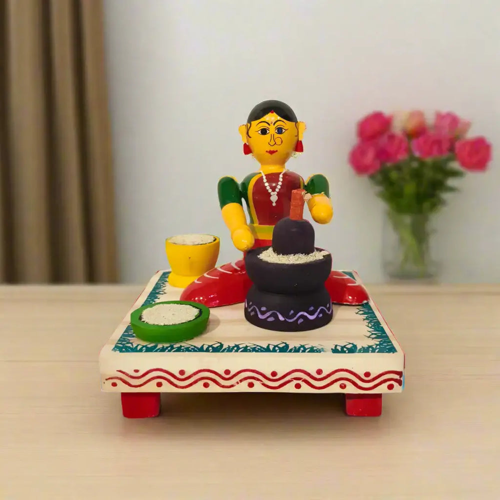 Etikoppaka Wooden Toy - The Traditional Woman Grinding Grains Etikoppaka Lacquerware