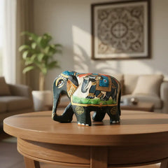 Black Painted Wooden Mughal Elephants – Elegant Decorative Figurines maruthi handicrafts