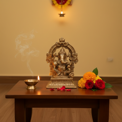 Brass Lord Ganesha Idol with Prabhavali Arch and Elaborate Pedestal