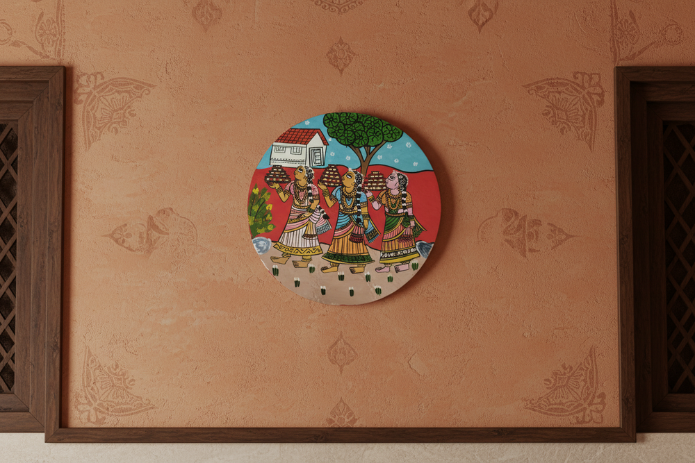 Cheriyal Inspired Bonalu Painting – Handmade Circular Wall Piece wall decor