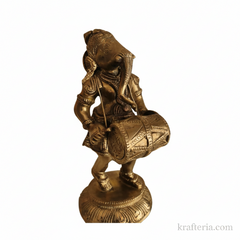 Lord Ganesha Playing Dholak Altar Statue for Home Temple & Decor Brass Artwork