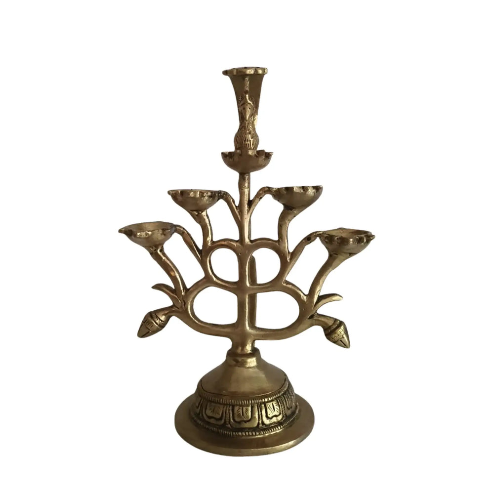 Ornate Brass Multi-Wick Diya Lamp with Peacock Motif - Traditional Pooja Item Brass Ware