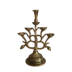 Ornate Brass Multi-Wick Diya Lamp with Peacock Motif - Traditional Pooja Item