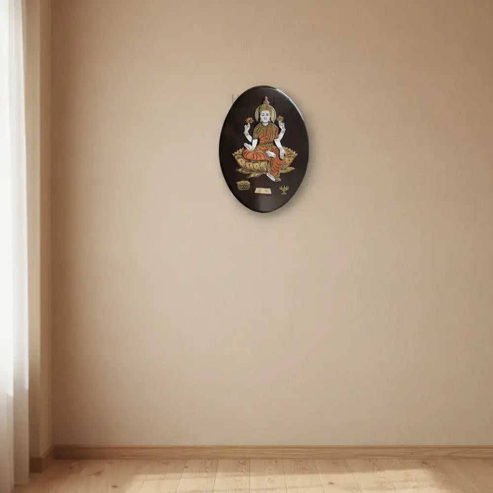 Goddess Lakshmi in Rosewood Inlay – Oval Devotional Frame Inlay Art