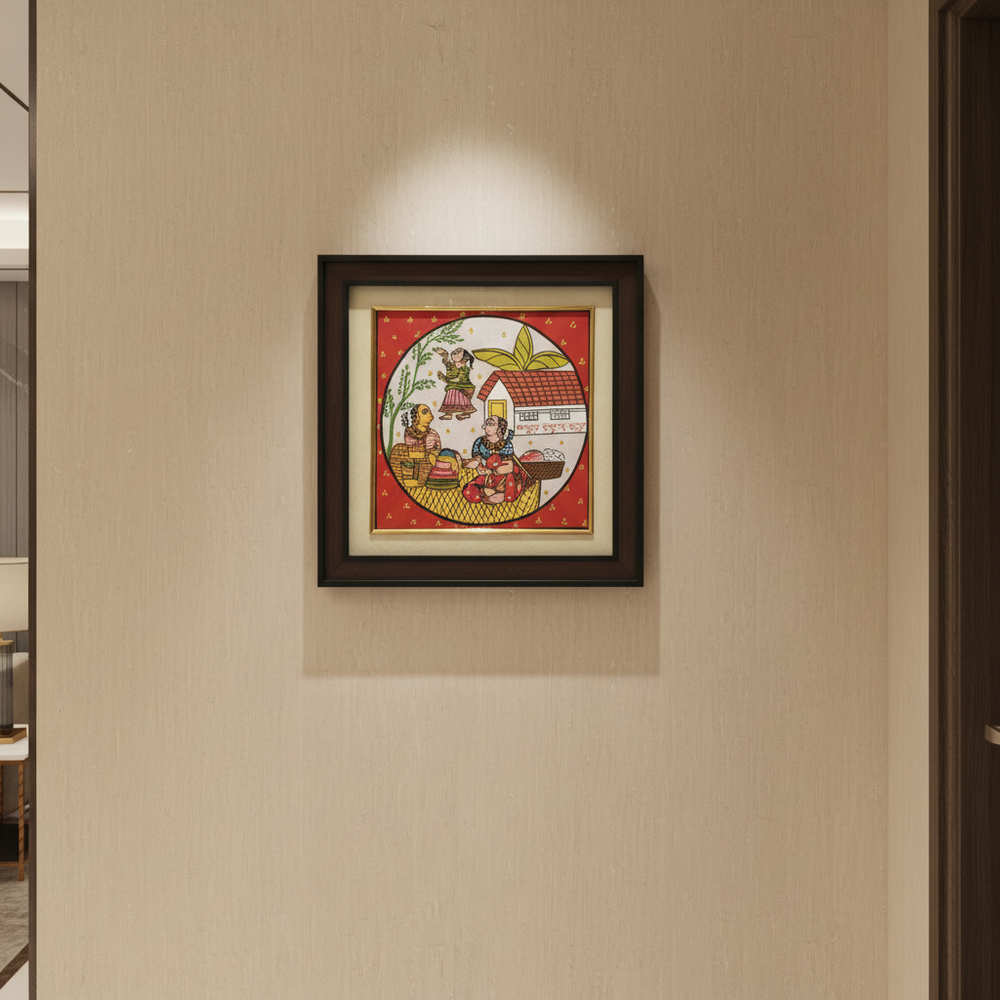 Authentic Cheriyal Art Painting of Indian Village Life – Framed Wall Decor Cheriyala Painting