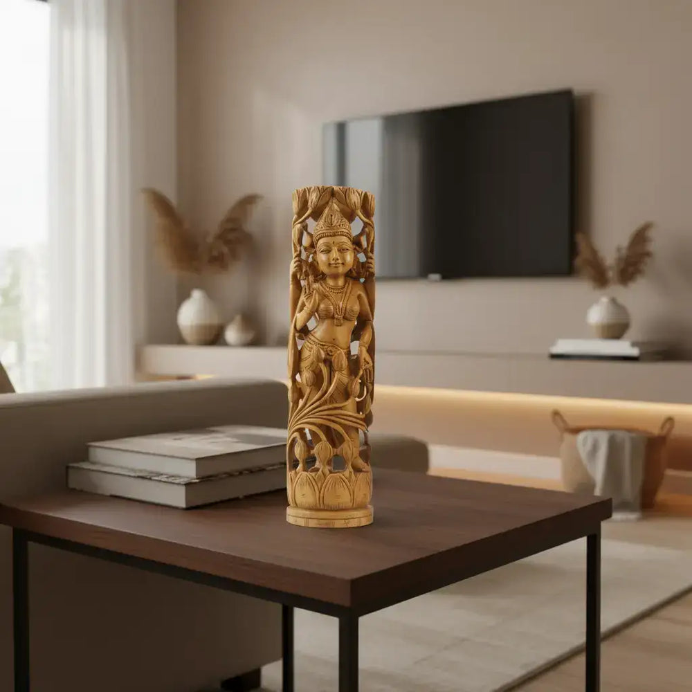 Hand-Carved Wooden Goddess Parvathi Statue – Standing on Lotus Wooden Decorative