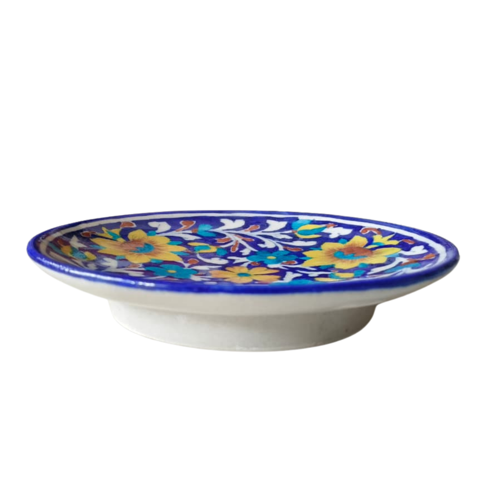 Vibrant Blue Pottery Floral Wall Plate | Yellow & Blue Quartz Ceramic Wall Art Pottery