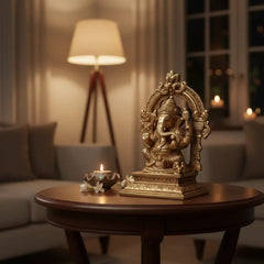 Brass Lord Ganesha Idol with Prabhavali Arch and Elaborate Pedestal Brass Ware