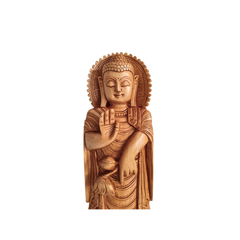 Standing Hand-Carved Wooden Buddha Statue in Abhaya Mudra