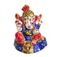 Intricately Painted Royal Blue and Red Lord Ganesha Idol with Turban Metal Decorative