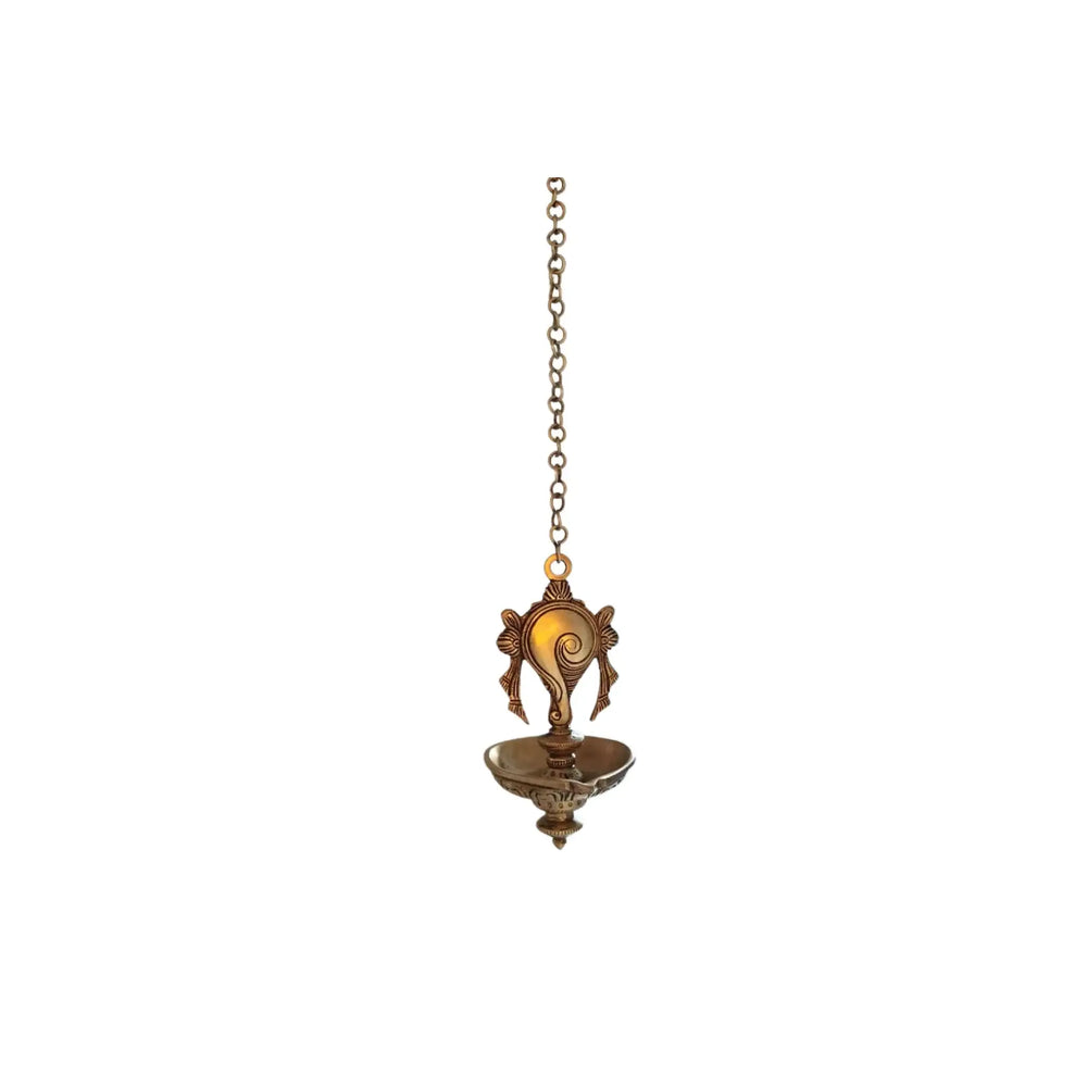 Auspicious Handcrafted Hanging Brass Deepam (Diya) with Decorative Shankha Motif Brass Ware