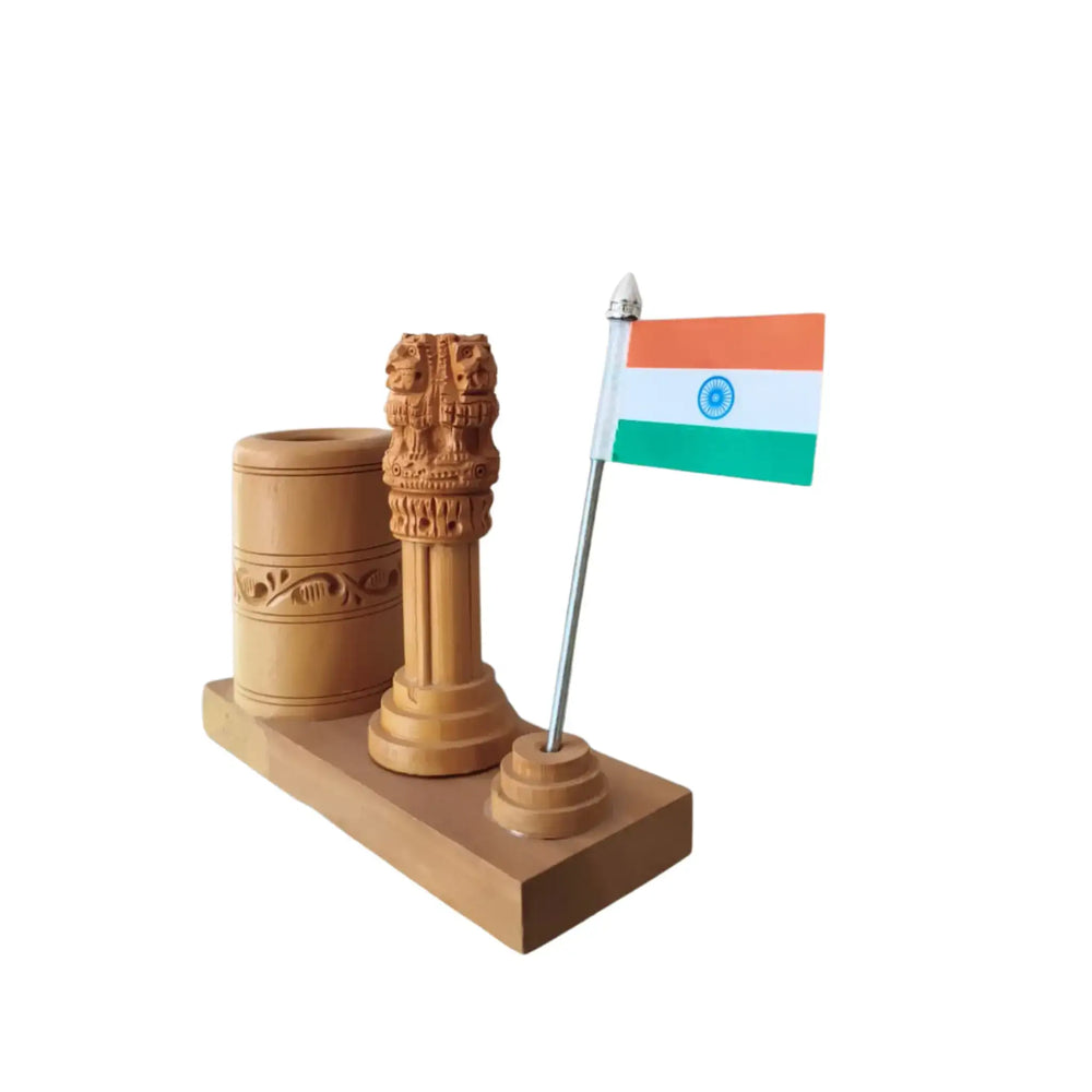 Ashoka Pillar Pen Stand – Wooden Office Table Accessory maruthi handicrafts