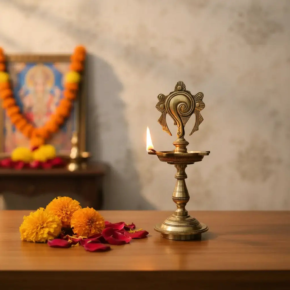 Brass Shankha (Conch) Diya - Traditional Puja Oil Lamp Brass Ware