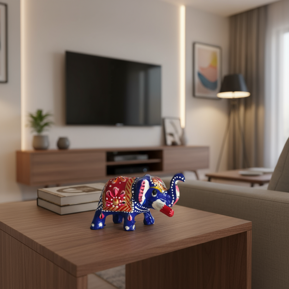Elegant hand-painted wooden miniature elephant figurine with traditional Indian folk art detailing